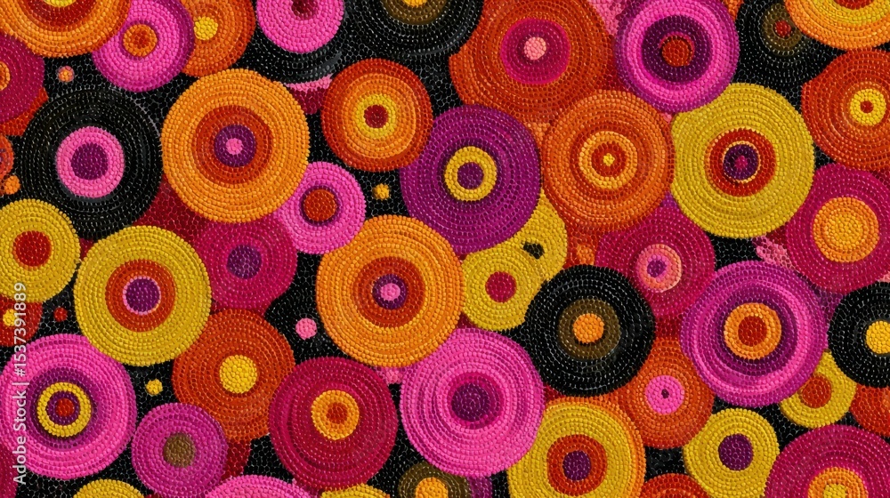 Poster a colorful pattern of circles with a black background. the circles are of different sizes and colors