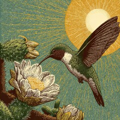 Hummingbird on cactus flower (Mandacarú) with sun in the background. Woodcut in the northeastern cordel style. Vector illustration