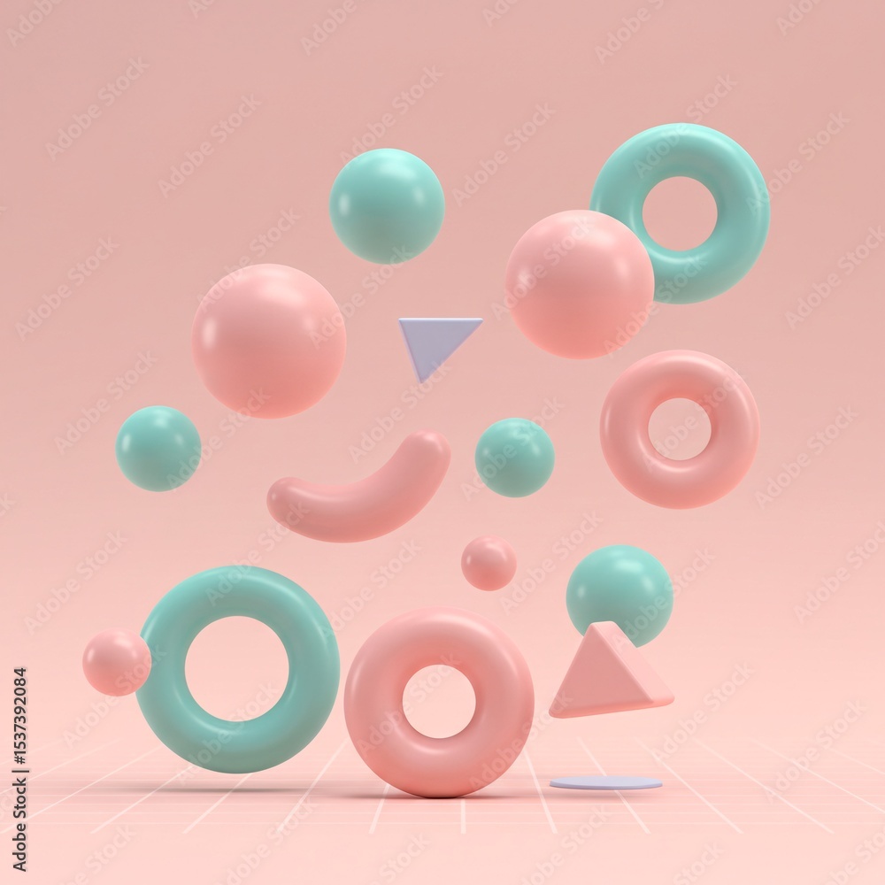 Poster 3d a playful and abstract rendering featuring an assortment of various geometric and organic shapes,