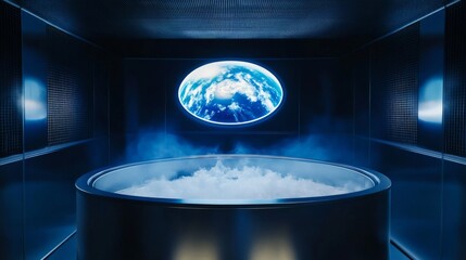 Spaceship interior. View on open space or planet. Futuristic sci-fi laboratory or corridor with neon light.