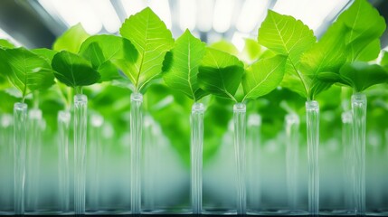Hydroponic Seedlings Green Leaves in Test Tubes under Grow Lights, hydroponics , seedlings
