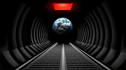 Spaceship interior. View on open space or planet. Futuristic sci-fi laboratory or corridor with neon light.