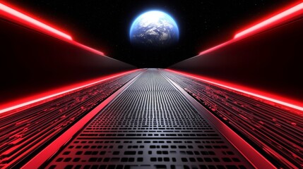 Spaceship interior. View on open space or planet. Futuristic sci-fi laboratory or corridor with neon light.