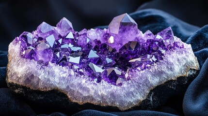 A geode of deep purple amethyst crystals, lustrous and multifaceted, rests on a dark, velvety surface.  The crystals vary in size and shape, exhibiting a range of shades from light to dark purple