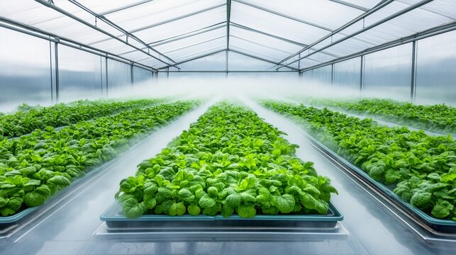 Hydroponic Lettuce in Greenhouse with Fog, Agriculture , Technology
