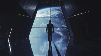 Spaceship interior. View on open space or planet. Futuristic sci-fi laboratory or corridor with neon light.