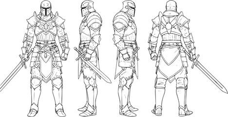 Detailed line art depicts a knight in full plate armor holding a sword, rendered in multiple perspectives for character design.
