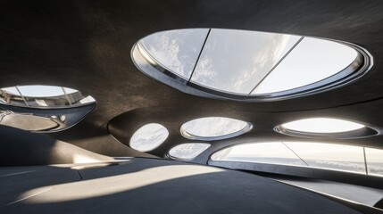 Spaceship interior. View on open space or planet. Futuristic sci-fi laboratory or corridor with neon light.