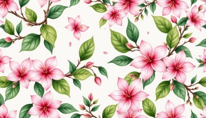 a repeating pattern of pink flowers with green leaves, set against a white background.