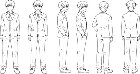 Elegant character design showcases a refined young man in a suit, a model sheet suitable for animation reference.