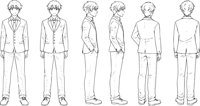Elegant character design showcases a refined young man in a suit, a model sheet suitable for animation reference.