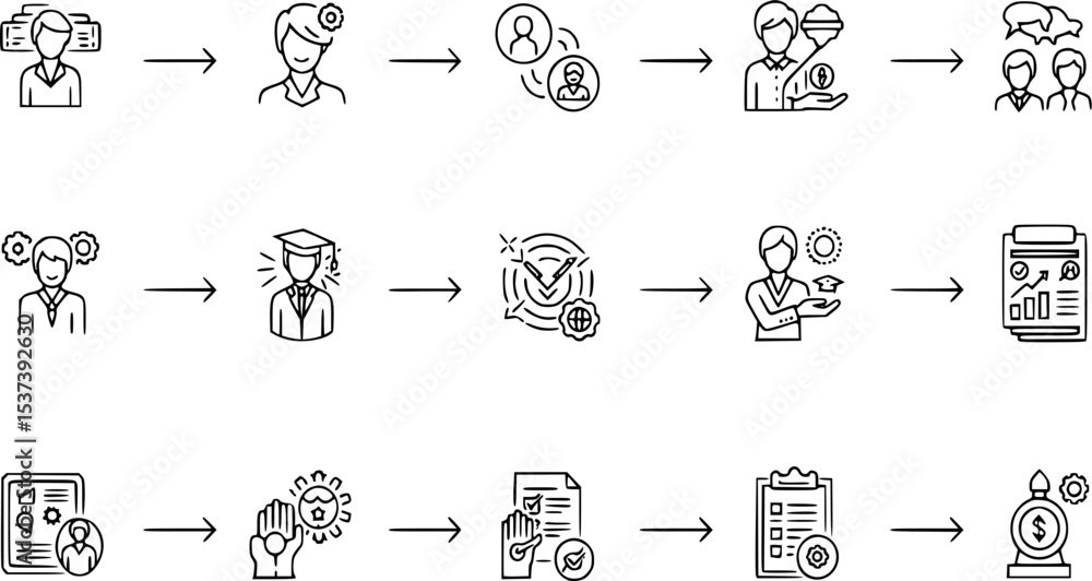 Poster business workflow outlined as vector icons showing a clear process from start to finish, emphasizing