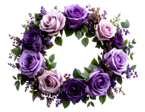 Hyper-realistic flower crown of rose bouquet, deep purple hues, transparent background  - Powered by Adobe