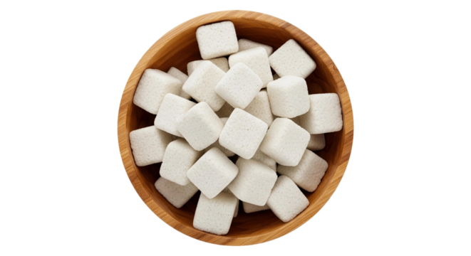 Wooden bowl filled with many white cube shaped candies or sugar pieces viewed from directly above on transparent background