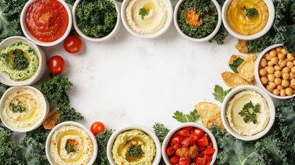 Bowls of colorful dips, tomatoes, kale leaves around white space for text