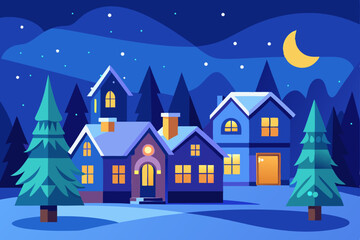 Fototapeta premium Christmas night village landscape with a snowy house and festive winter trees