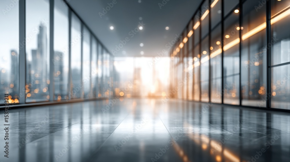 Poster a large, empty room with a city view in the background. the room is lit by a single light source, cr