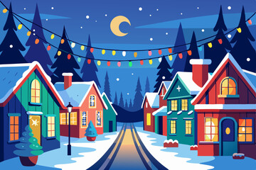 Obraz premium Christmas winter landscape with houses, trees, and snow in a festive village scene