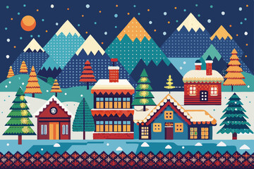 Obraz premium Seamless cartoon vector illustration of a winter landscape with houses, trees, and snow, perfect for a Christmas holiday card design