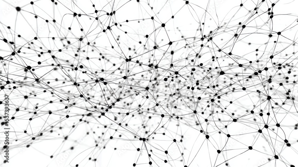 Poster a black and white image of a web of lines and dots. the image is abstract and has a sense of complex