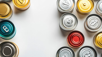 Many different tin cans on light background, top view. Space for text
