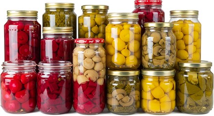 Various kinds preserves vegetables and mushrooms in glass jars.