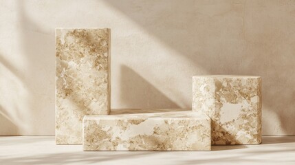 Pastel stone Podium background. Beige Concrete Material place for the product Display Presentation. Kitchen, cosmetics, jewellery podium advertising mockup photography in luxury style.