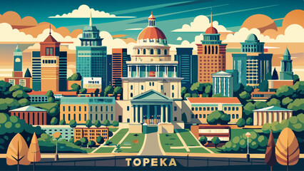 Fototapeta premium Aerial panorama of Topeka and Kansas State Capitol. Topeka is the capital city of the U.S. state of Kansas and the county seat of Shawnee County. Very beautiful