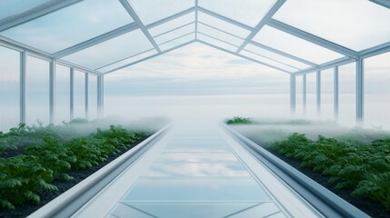 Obraz premium Modern Greenhouse Interior with Fog and Greenery, hydroponics , agriculture