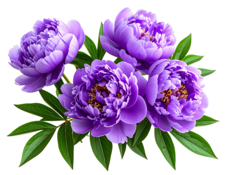 Hyper-realistic garden sprig of peony blossom, deep purple hues, transparent background