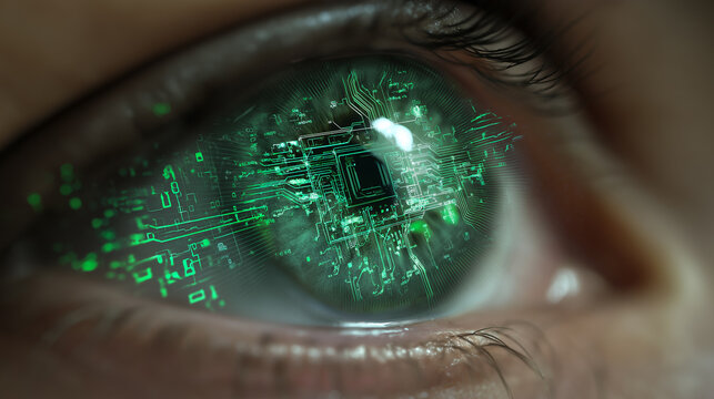 A mesmerizing close-up of a green human eye with glowing digital circuit patterns, symbolizing advanced technology, data, and bionic vision.
