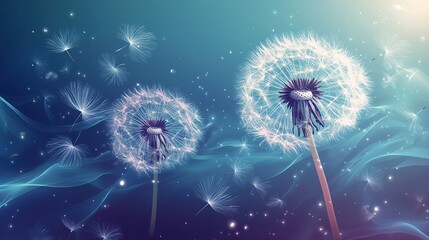 Dreamy scene with dandelions releasing seeds into a light blue, swirling backdrop