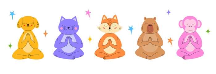 Set of cute animals  in a meditative pose  on  white background.