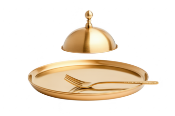Golden serving dish with dome cover and fork isolated on transparent background