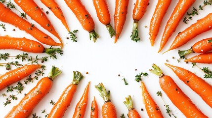 Glazed baby carrots arranged in a circular frame on a white background, interspersed with fresh thyme sprigs and peppercorns, leaving a blank heart-shaped space in the center