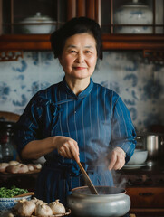  Femme asiatique souriante en cuisine traditionnelle préparant un plat chaud avec des légumes frais, scène chaleureuse de cuisine familiale authentique