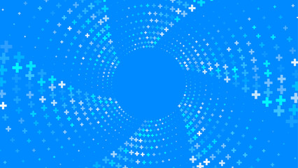 Background with a swirling pattern of white and teal plus signs radiating from  central area.