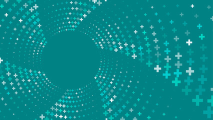 Background with a swirling pattern of white and teal plus signs radiating from  central area.