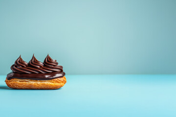  Éclair au chocolat à la crème pâtissière sur fond bleu pastel avec grand espace négatif pour communication ou publicité culinaire