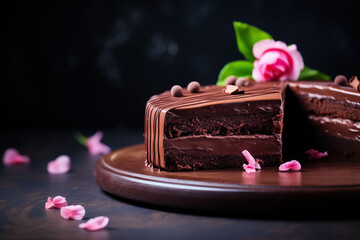  Gâteau au chocolat nappé et fleuri sur plateau en bois avec tranches visibles, décoré de pétales roses sur fond sombre élégant