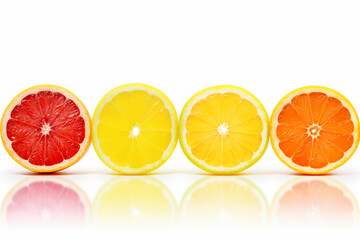  Orange sanguine, pamplemousse, citron et orange alignés en tranches sur fond blanc avec reflet pour visuel frais et coloré autour des agrumes