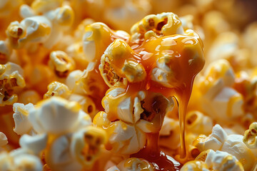 Pop-corn croustillant nappé de caramel fondant en gros plan gourmand, texture croquante et fondante pour visuel culinaire ou snack sucré