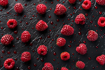 Framboises fraîches dispersées sur fond noir brillant avec gouttelettes d’eau, composition fruitée contrastée pour visuel culinaire ou santé