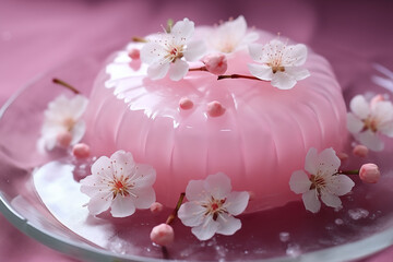 Dessert gélifié rose aux fleurs de cerisier sakura, douceur japonaise élégante servie sur une assiette en verre, inspiration printanière délicate et raffinée