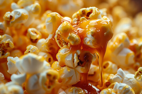 Pop-corn croustillant napp&eacute; de caramel fondant en gros plan gourmand, texture croquante et fondante pour visuel culinaire ou snack sucr&eacute;