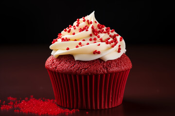 Cupcake Red Velvet avec glaçage à la crème et perles rouges sur fond sombre en lumière studio – pâtisserie gourmande et élégante