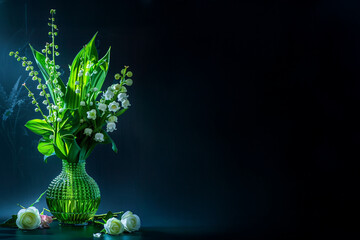 Bouquet de muguet frais dans un vase vert en verre sur fond noir élégant avec espace négatif à droite pour message, carte ou usage graphique printanier ou du 1er mai fête du travail porte bonheur