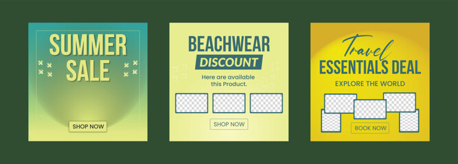Summer sale, Travel agency social media post template design. Set of web banner, flyer or poster. Digital advertising banner promotion. Holiday, summer beach travelling Tourism business marketing