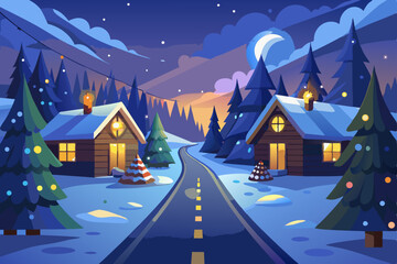 Fototapeta premium Christmas night winter village landscape with snowy houses, trees, and a moonlit sky