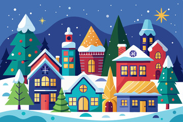Fototapeta premium Seamless cartoon vector illustration of a winter village with snow-covered houses, trees, and a distant castle